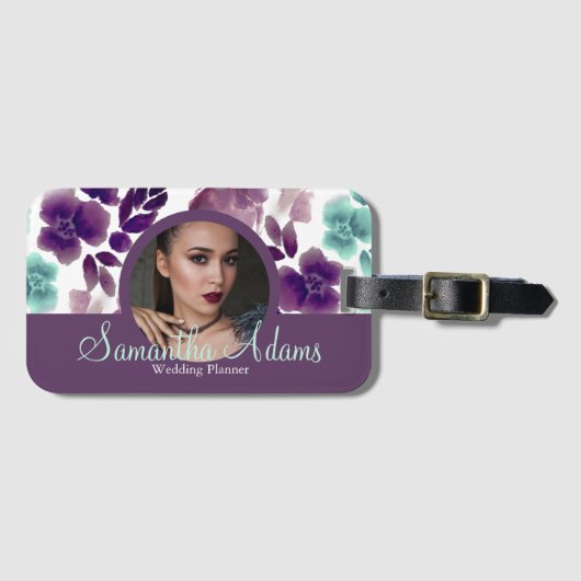 Luxuriöses Chic Burgundy und Blue Floral Foto Gepäckanhänger (Vorderseite (Horizontal))