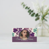 Luxuriöses Chic Burgundy und Blue Floral Foto Visitenkarte (Stehend Vorderseite)