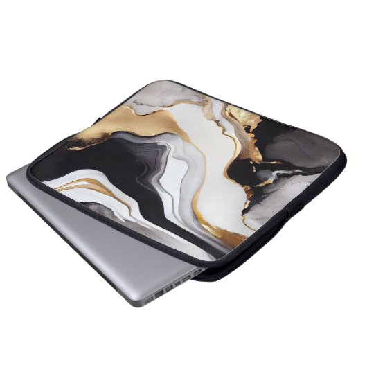 Luxuriöses Design aus Schwarz-weiß- und Goldmarmor Laptopschutzhülle (Vorne Knopf)