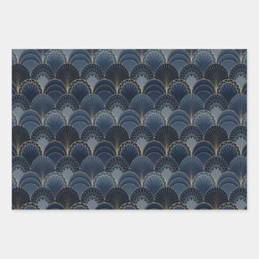Luxuriöses Design Blau und Gold Art Deco Muster Geschenkpapier Set (Vorderseite 3)