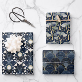 Luxuriöses Design Blau und Gold Art Deco Muster Geschenkpapier Set