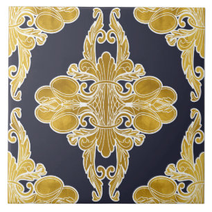 Luxuriöses Design, Blumenmuster, Marineblau, Gold Fliese
