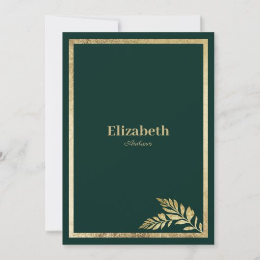 Luxuriöses, dunkelgrünes Brautparty mit goldgelbem Einladung (Rückseite)