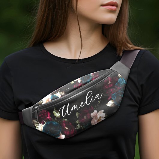 Luxuriöses dunkles Türkis-Rot-Blumen-Monogramm Bauchtasche