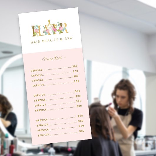 Luxuriöses, elegantes Friseur-Salon Rosa Gold-Menü Werbekarte