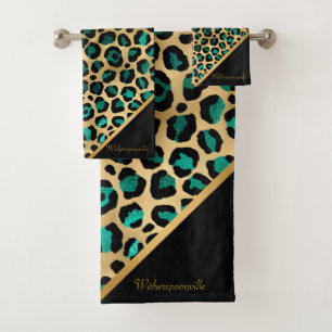 LUXURIÖSES EMERALD GREEN LEOPARD GOLD  BADHANDTUCH SET