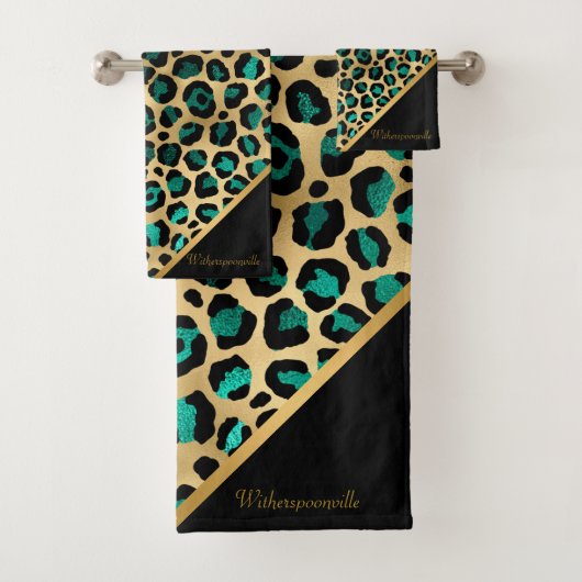 LUXURIÖSES EMERALD GREEN LEOPARD GOLD BADHANDTUCH SET (Insitu)