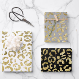 Luxuriöses Glam Gold Gray Leopard Print Set 3 Geschenkpapier Set