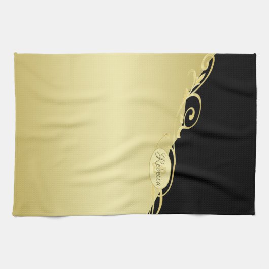 Luxuriöses Gold dekoriert auf Gold & Schwarz, Mono Geschirrtuch (Horizontal)