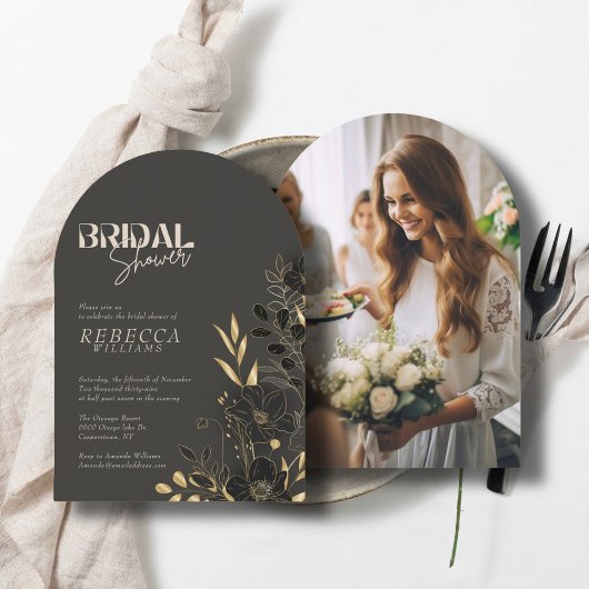 Luxuriöses Gold Floral 1 Foto Arch Brautparty Einladung