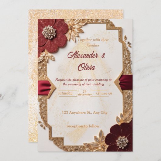 Luxuriöses Gold und Burgund Bloral Wedding Einladu Einladung (Vorne/Hinten)