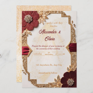 Luxuriöses Gold und Burgund Bloral Wedding Einladu Einladung