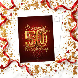 Luxuriöses Gold und Red Gemstone 50. Geburtstag Postkarte
