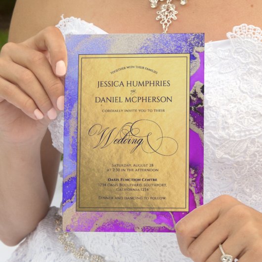 Luxuriöses Gold Violet Lila feierliche Hochzeit Einladung