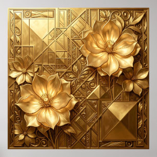 Luxuriöses goldenes Art Deco Blumenmuster Poster