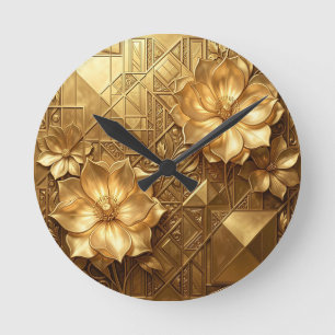 Luxuriöses goldenes Art Deco Blumenmuster Runde Wanduhr