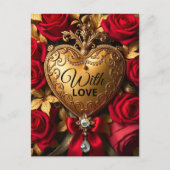 Luxuriöses Goldenes Herz mit Rote Rosen und Band Postkarte (Vorderseite)