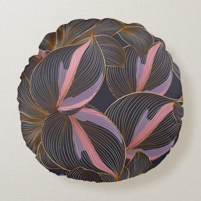 Luxuriöses goldenes, nahtloses, blumengeschmücktes rundes kissen (Vorderseite)