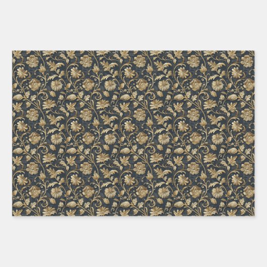Luxuriöses goldverkleidetes Blumenmuster Geschenkpapier Set (Vorderseite)