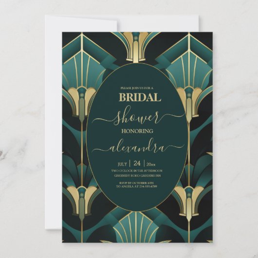 Luxuriöses Green und Gold Art Deco Brautparty Einladung (Vorderseite)