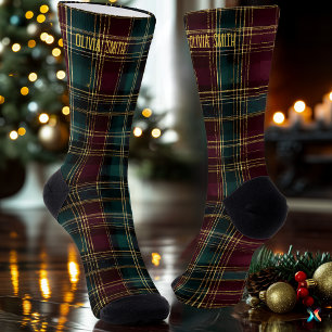 Luxuriöses Grün & Burgunderrot Weihnachts-Karo Cus Socken