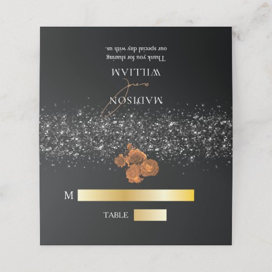 Luxuriöses Hochzeitsdesign in Schwarz und Orange B Platzkarte (Außenseite Aufgefaltet)