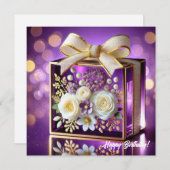 Luxuriöses lila Glas Blumengeschenk Goldchiffonbog Feiertagskarte (Vorne/Hinten)