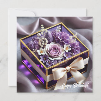 Luxuriöses lila Glas Blumengeschenk Goldchiffonbog Feiertagskarte
