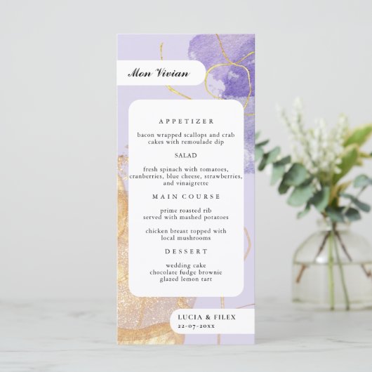 Luxuriöses Lila & Golden Abstrakt Guest Name Dinne Menükarte (Stehend Vorderseite)