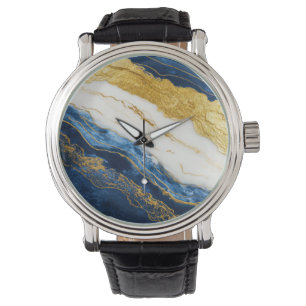 Luxuriöses Marmorschiff aus Navy Blue & Gold Leaf Armbanduhr