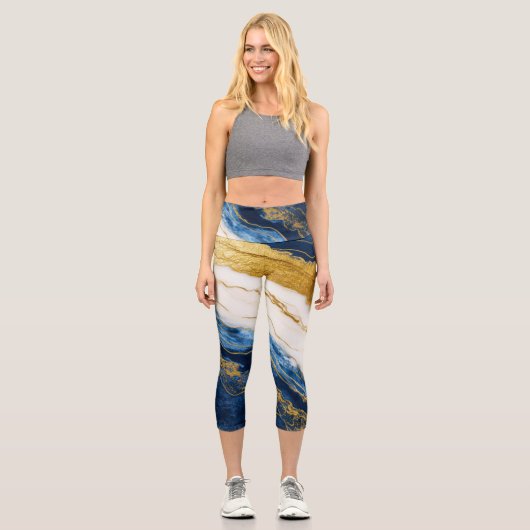 Luxuriöses Marmorschiff aus Navy Blue & Gold Leaf Capri Leggings (Vorderseite)