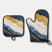 Luxuriöses Marmorschiff aus Navy Blue & Gold Leaf Ofenhandschuh & Topflappen-Set (Vorderseite)