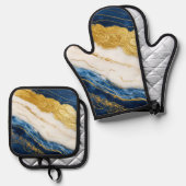 Luxuriöses Marmorschiff aus Navy Blue & Gold Leaf Ofenhandschuh & Topflappen-Set (Vorderseite/Rückseite)