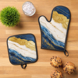 Luxuriöses Marmorschiff aus Navy Blue & Gold Leaf Ofenhandschuh & Topflappen-Set