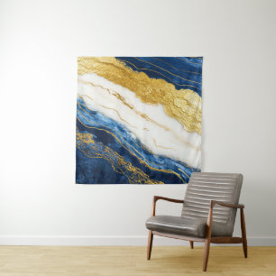 Luxuriöses Marmorschiff aus Navy Blue & Gold Leaf Wandteppich