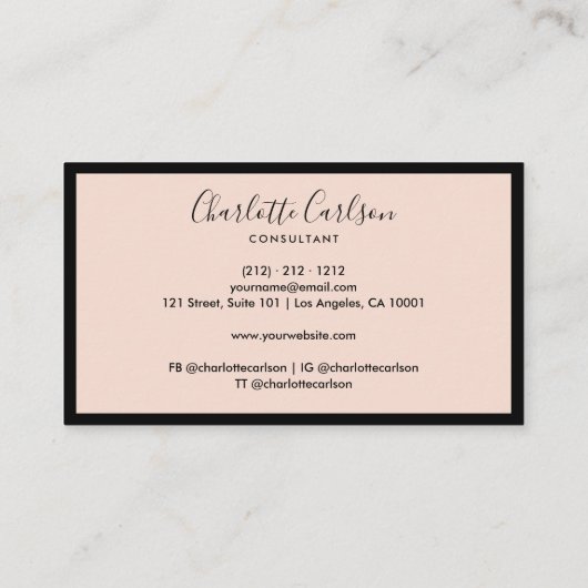Luxuriöses Minimalistisches Script Rosa Schwarzer Visitenkarte (Rückseite)