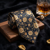 Luxuriöses Navy Blau Gold Blumen Damast Krawatte
