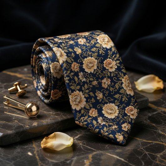 Luxuriöses Navy Blau Gold Blumen Damast Krawatte