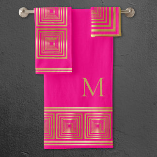 Luxuriöses Neon Hot Pink Gold Monogramm Handtuch S Badhandtuch Set