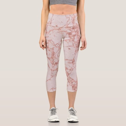 Luxuriöses Rosa Rose Blush Glitzer Marmor Capri Leggings (Vorderseite)