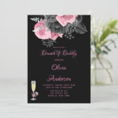 Luxuriöses rosa schwarzes Blumenmotiv Brunch & Bub Einladung (Stehend Vorderseite)