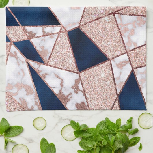 Luxuriöses Rose Gold Glitzer Geometrisches Marmor Geschirrtuch (Gefaltet)