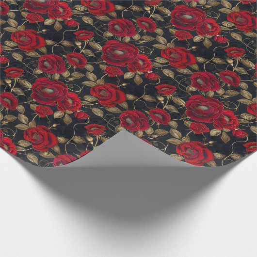 Luxuriöses Rote Rose- & Gold-Leaf-Muster auf schwa Geschenkpapier (Ecke)