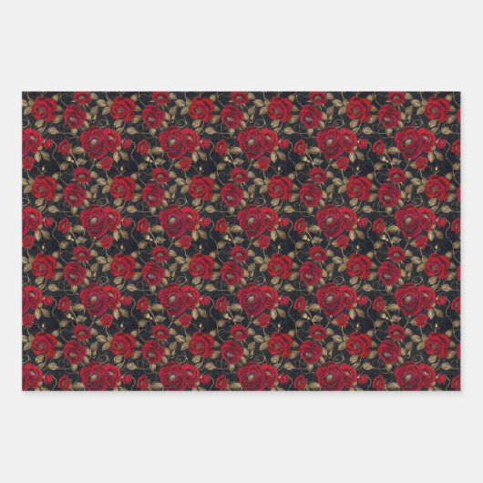 Luxuriöses Rote Rose- & Gold-Leaf-Muster auf schwa Geschenkpapier Set (Vorderseite)