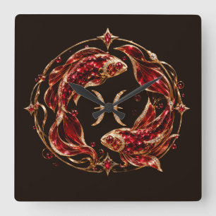 Luxuriöses rotes Fische-Zodiakzeichen Quadratische Wanduhr