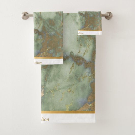 LUXURIÖSES SAGE GREEN MARBLE TRIM TOWEL SET (Insitu)
