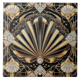 Luxuriöses Schwarz & Gold Art Deco Keramikfliese