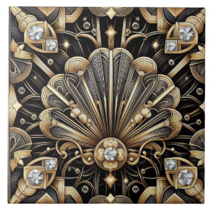 Luxuriöses Schwarz & Gold Art Deco Keramikfliese