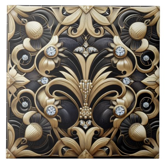 Luxuriöses Schwarz & Gold Art Deco Keramikfliese (Vorderseite)