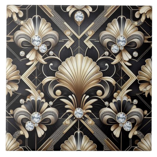 Luxuriöses Schwarz & Gold Art Deco Keramikfliese (Vorderseite)